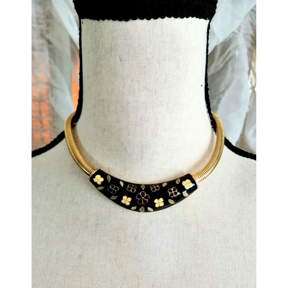 Vintage Chunky CLOISONNE Flowers Panel Snake Chain Choker NECKLACE